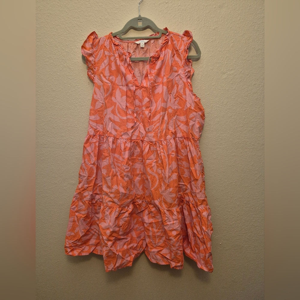 Coral Leaf Print Ruffle Dress